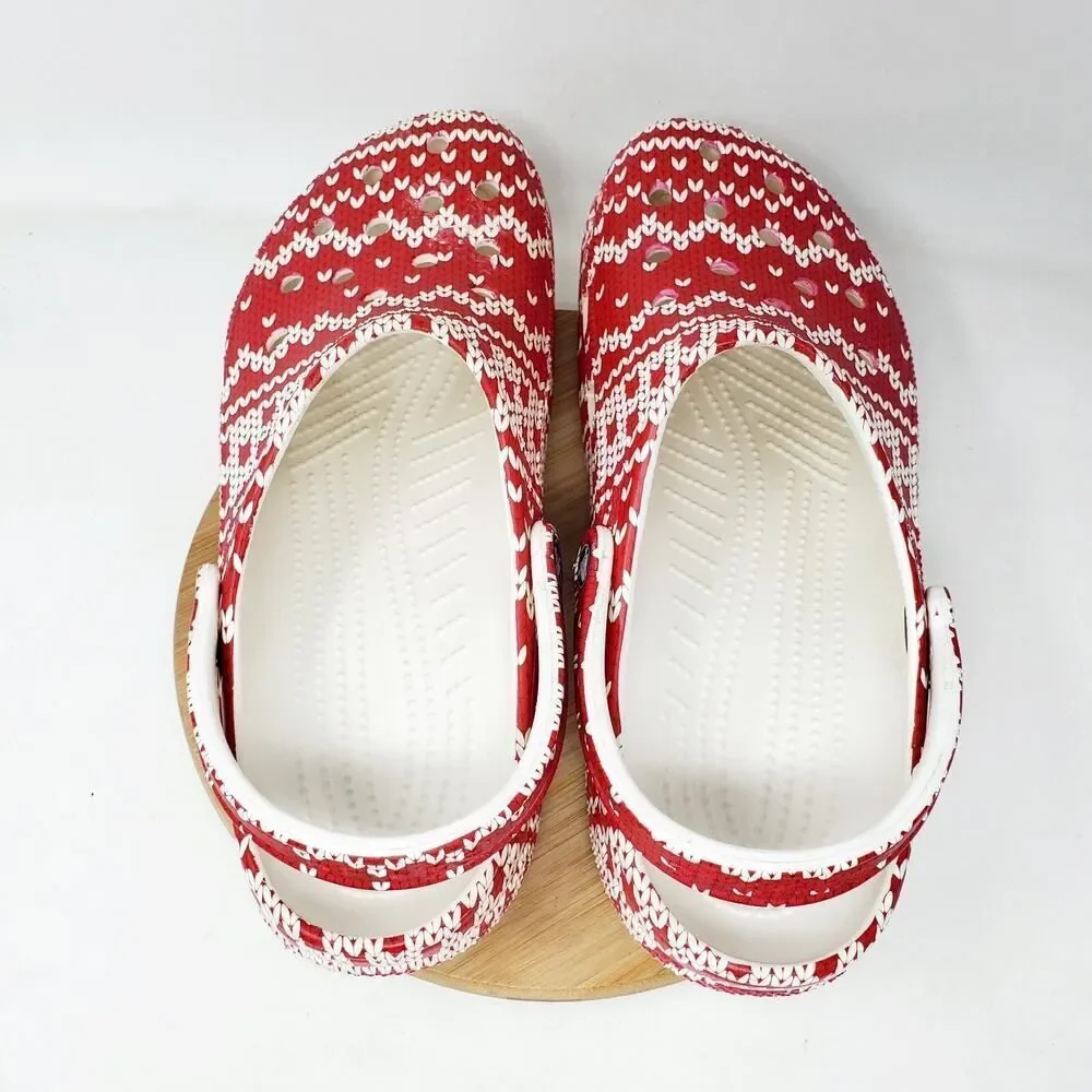 Crocs Holiday Clog Shoes Mens 12 Red White Knit‎ Ugly Christmas Sweater